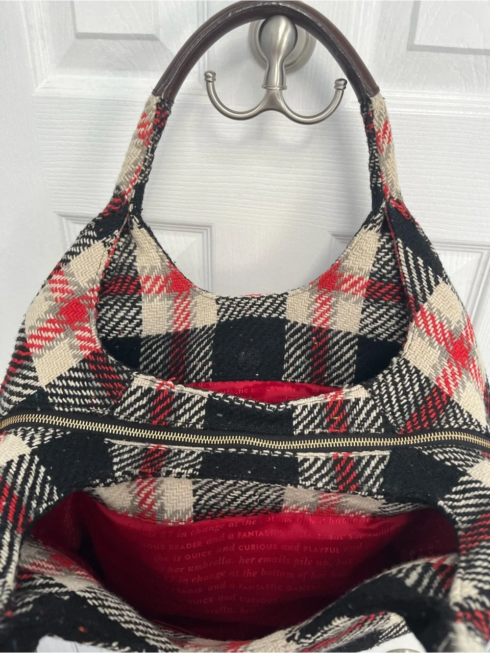 Kate Spade NY Storybook Lining Ruby Park Shon Hobo Bag Plaid Wool Red